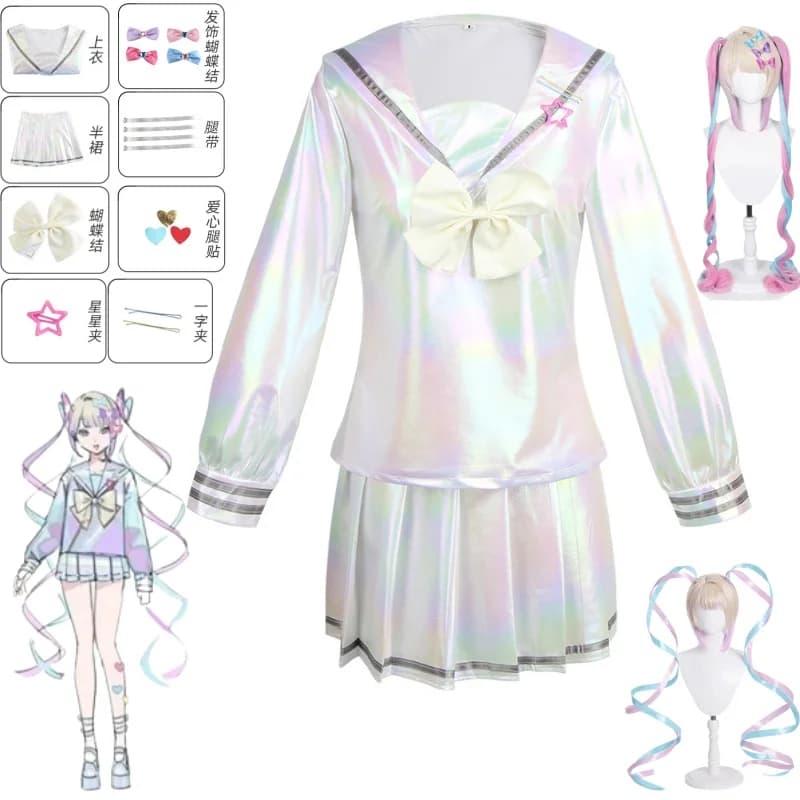 Dámský cosplay kostým námořnický školní uniforma s holografickou sukní paruka kompletní set