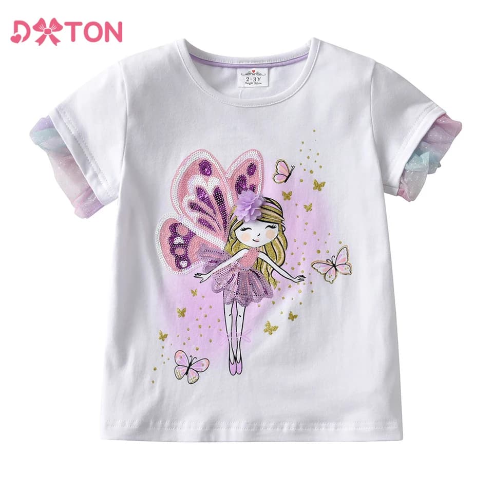 Dětské letní tričko s motýlkem, volánkový rukáv, roztomilý dívčí top, bavlněné, 86-134