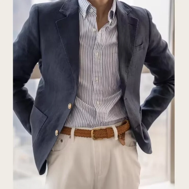 Pánské lněné sako letní casual slim fit prodyšné módní vintage styl