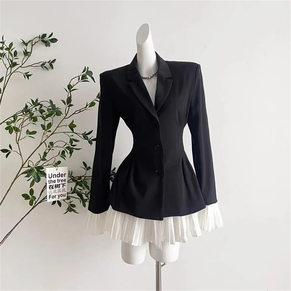 Dámský módní blazer černobílý patchwork - elegantní jarní kabát se skládaným střihem