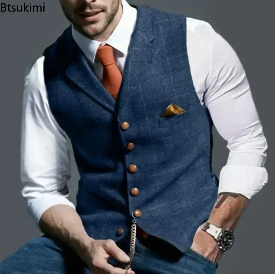 Pánská formální vesta károvaný tweed slim fit svatební společenský oděv V výstřih