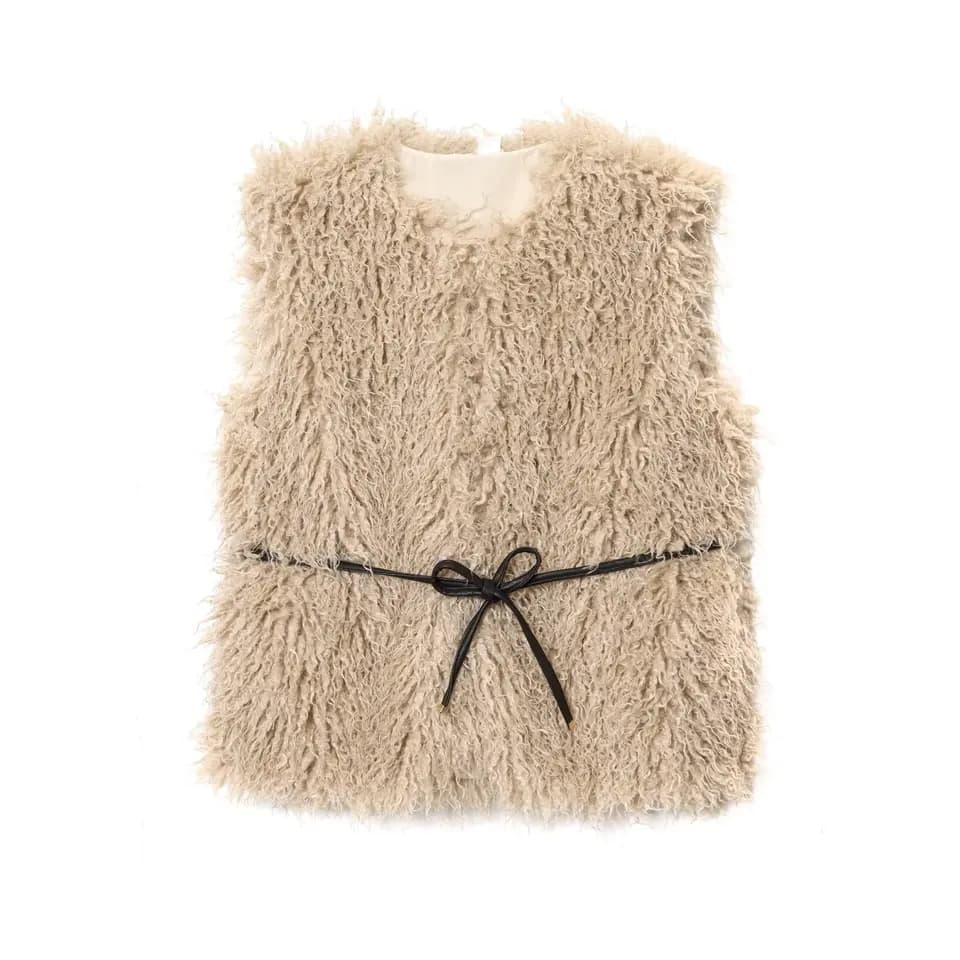 Dámská prošívaná vesta v elegantním minimalistickém stylu s páskem béžová S-XL