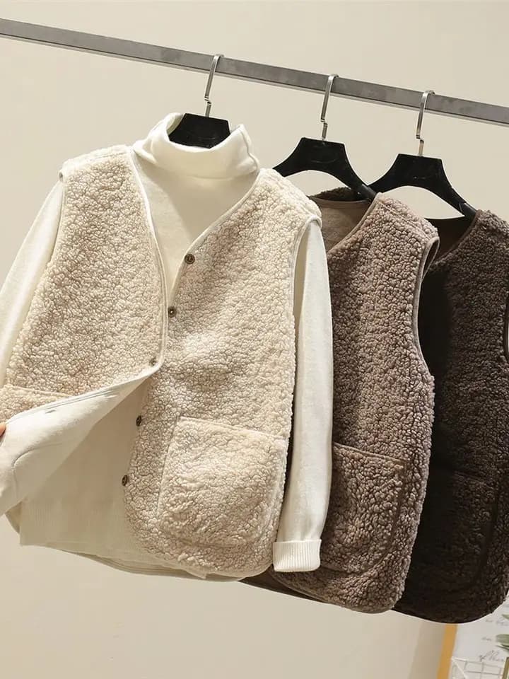 Dámská fleecová vesta - zimní zateplený kardigan bez rukávů, módní jarní styl