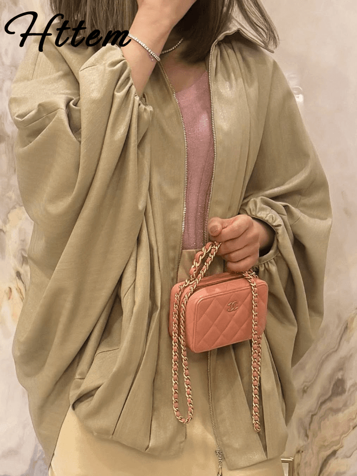 Dámská volnočasová zelená bunda s límcem na zip - módní jarní kabát oversize střih