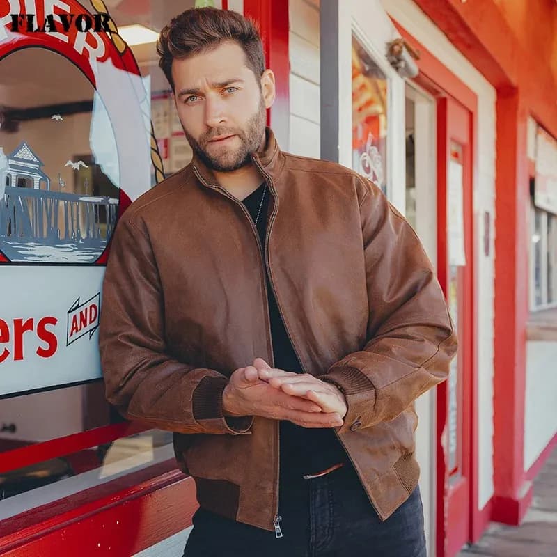 Pánská kožená bunda z pravé vepřovice - elegantní bomber s límcem, hnědá XXL