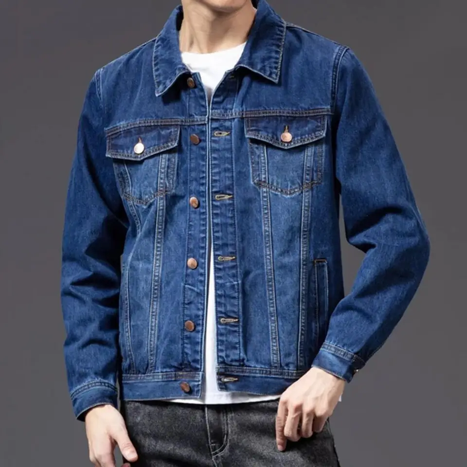 Pánská džínová bunda modrá - stylový jarní kabát slim fit klasický střih