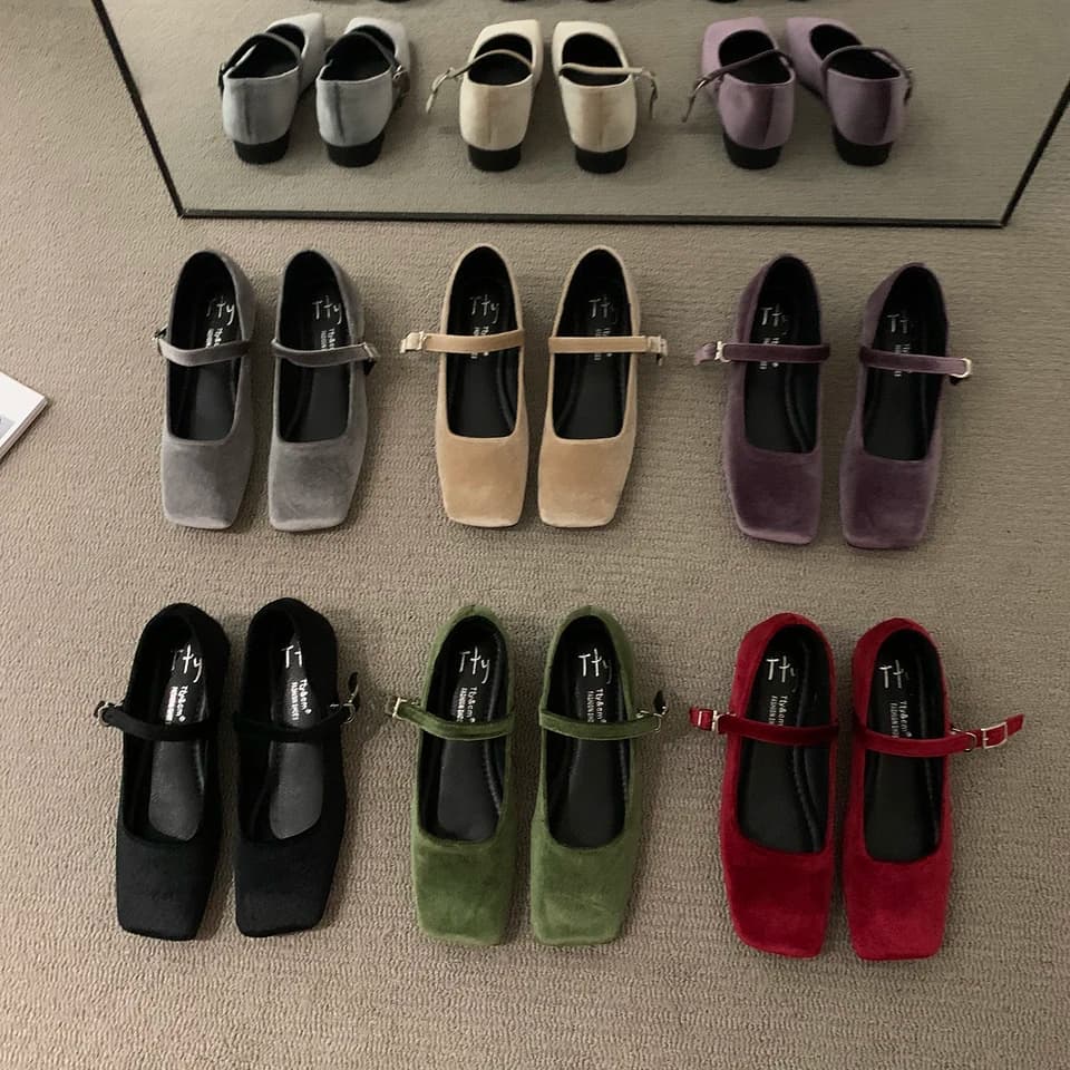 Sametové dámské balerínky s čtvercovou špičkou pohodlné ploché boty