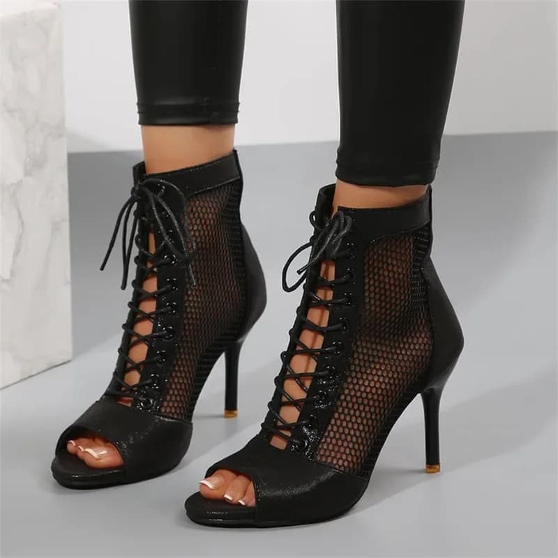 Dámské jazzové taneční boty slip-on kotníkové s tkaničkami síťový svršek gumová podrážka