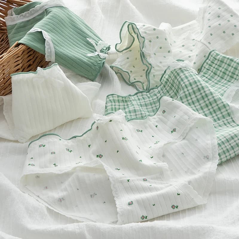 3ks/sada čistě bavlněných kalhotek pro ženy, roztomilé krajkové kalhotky s potiskem, prodyšné kalhotky, střední pas, velikost M-XL