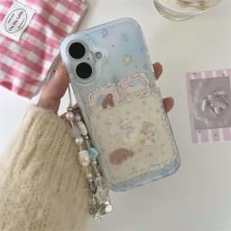 Korean Cartoon Puppies And kittens With Wrist Chain Phone Case For iPhone 17 16 15 14 11 12 13 Pro M