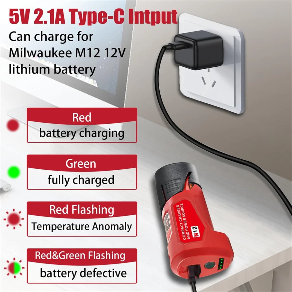 Adaptér napájení pro Milwaukee 12V M12, adaptér pro nabíječku baterií a kol s portem 12V DC, port USB 2.0