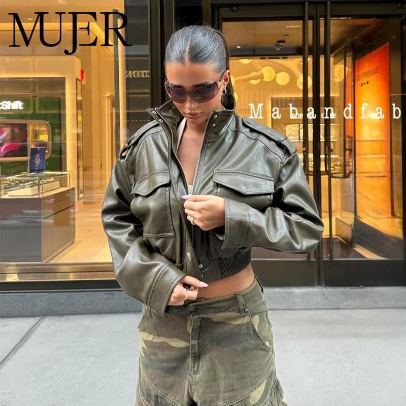 MUJER Dámská zkrácená bunda z umělé kůže, bomber, demi-sezónní bundy pro ženy, dámské kabáty s dlouhým rukávem, dámská bunda na zip