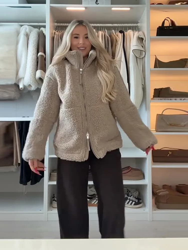 Dámská fleecová bunda na zip, módní stojáček, dlouhý rukáv, kapsy, nadměrný kabát, dámský podzimní a zimní ležérní svrchní oblečení