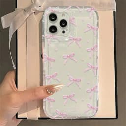 Roztomilý růžový kryt s mašlí a srdíčkem pro iPhone 16 15 14 13 12 11 Pro Max 7 8 Plus X XR XSMax Airbag Anti Fall Průhledný zadní kryt - náhled 4