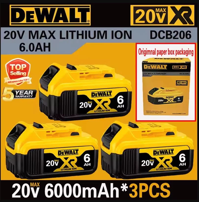 Dobíjecí lithium-iontová baterie DEWALT 20V 5,0Ah/6,0Ah 18V 5,0Ah Baterie pro elektrické nářadí DCB200 Originální náhrada za DW045