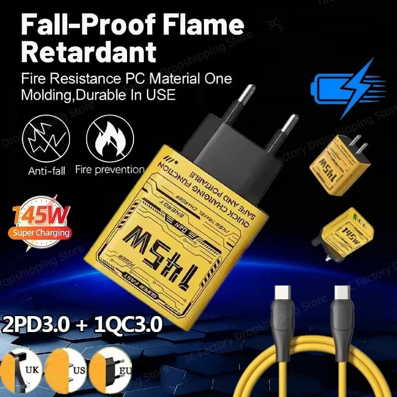 145W rychlonabíječka 3 porty USB typu C rychlonabíječka mobilních telefonů s konektorem EU/US/UK pro notebooky Samsung XIAOMI