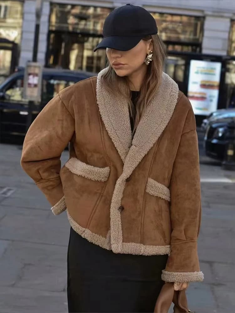 HH Podzimní dámský vintage kabát s odhaleným límcem, jednořadý dlouhý rukáv, bunda s kapsami, módní high street outfit