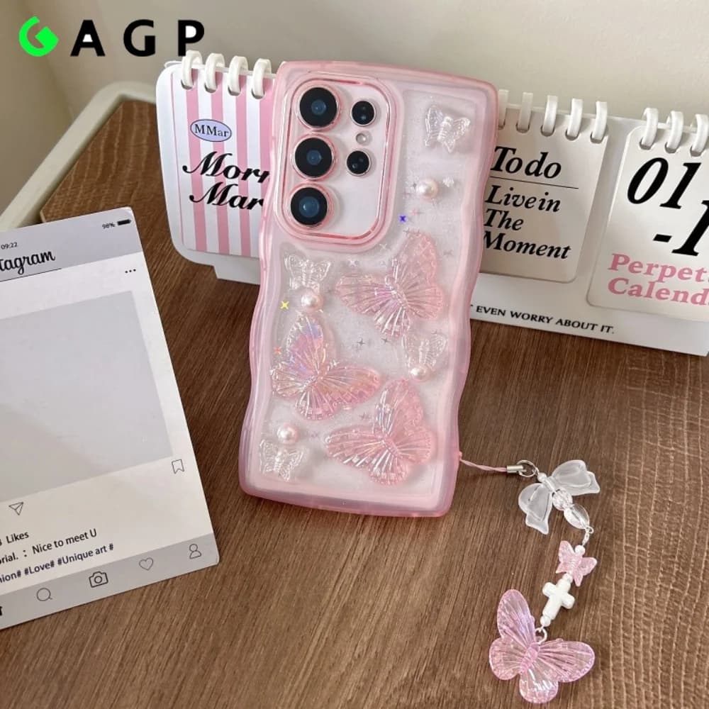 Roztomilý 3D perleťový motýl s přívěskem pro Samsung Galaxy S25 S24 Ultra S23 S21 FE S22 Plus A15 A13 A14 A35 A33 A24 A55 A56 kryt