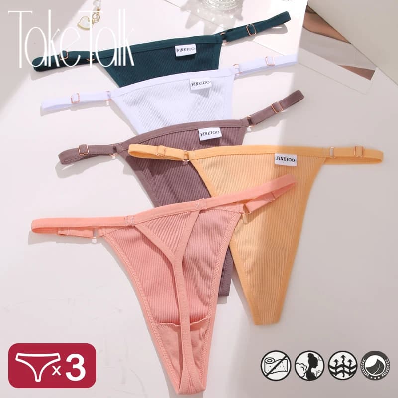 3ks/sada dámských bavlněných kalhotek, sexy tanga s T-back, nastavitelný pas, tangá, prodyšné měkké kalhotky, spodní prádlo FINETOO