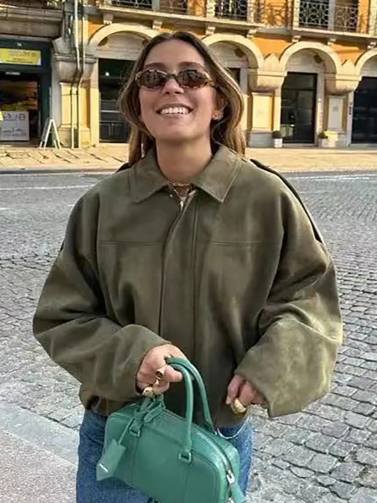 Vintage dámské zelené nadměrné bomber bundy 2025 Módní dámské elegantní volné měkké outfity bunda na párty dámské elegantní oblečení