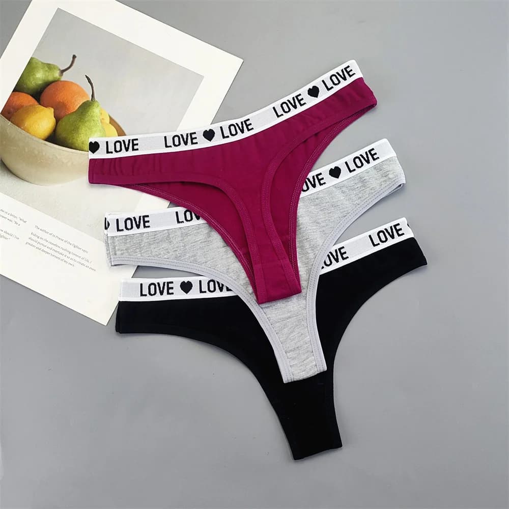 3 ks "Love" letters Belt Bavlněné tanga Sexy nízký pas T-back G-string Módní sportovní spodní prádlo Jóga Fitness kalhotky