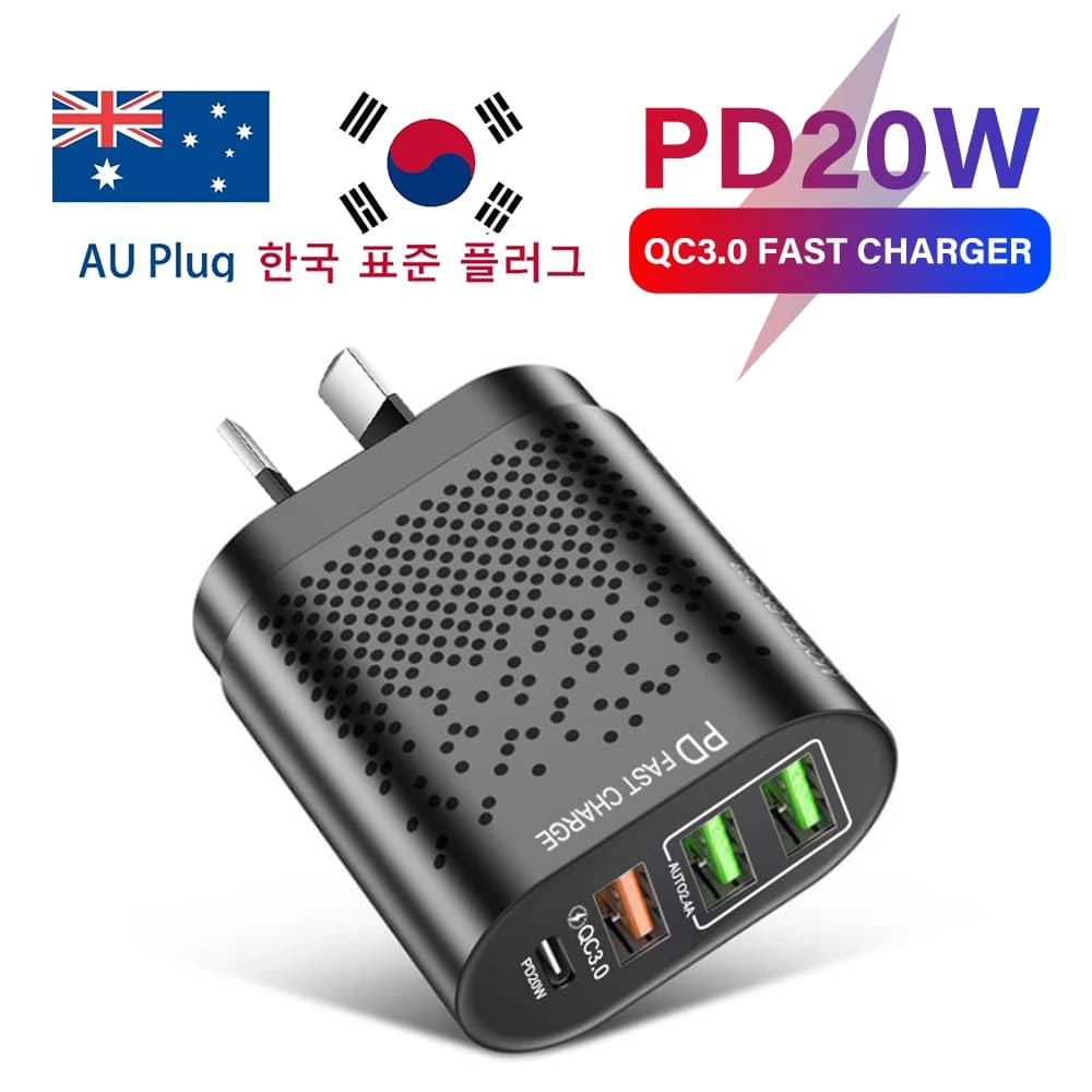 PD+QC3.0 USB-C nabíječka telefonu 4portová rychlonabíjecí PD 20W napájecí adaptér pro iPhone Xiaomi Samsung Huawei Austrálie a Korejská zástrčka