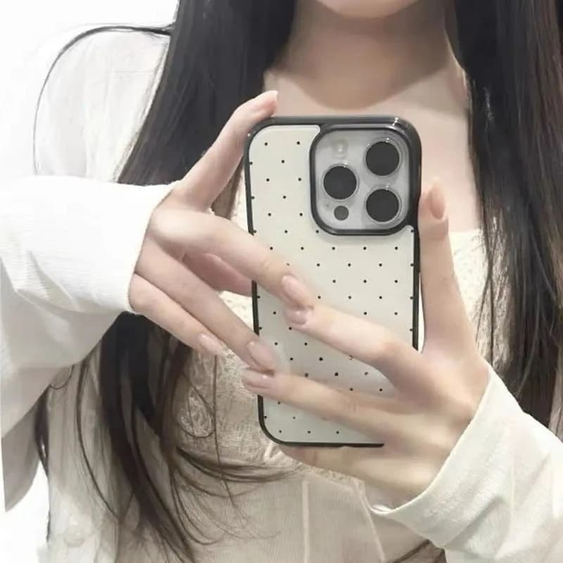 Pouzdro na telefon s černými puntíky v korejském stylu pro iPhone 16 15 14 13 12 11 Pro Max Plus Sweet Girl v slonovinové barvě, zadní kryt