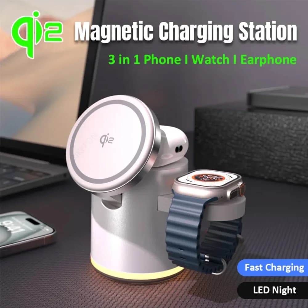 Skládací rychlonabíjecí stanice 4 v 1 Qi2 15W magnetická bezdrátová nabíječka pro Magsafe iPhone 16/15/14/13/12 Apple Watch AirPods Pro