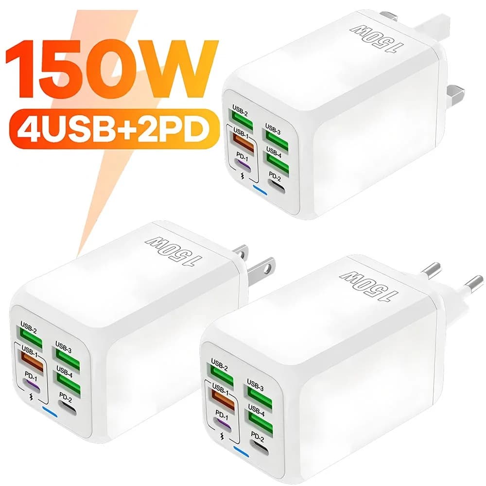 150W 6portová rychlonabíječka USB-C D QC 3.0 super rychlá nabíjecí zásuvka pro iPhone Samsung Xiaomi Huawei OnePlus EU/US/UK zástrčka