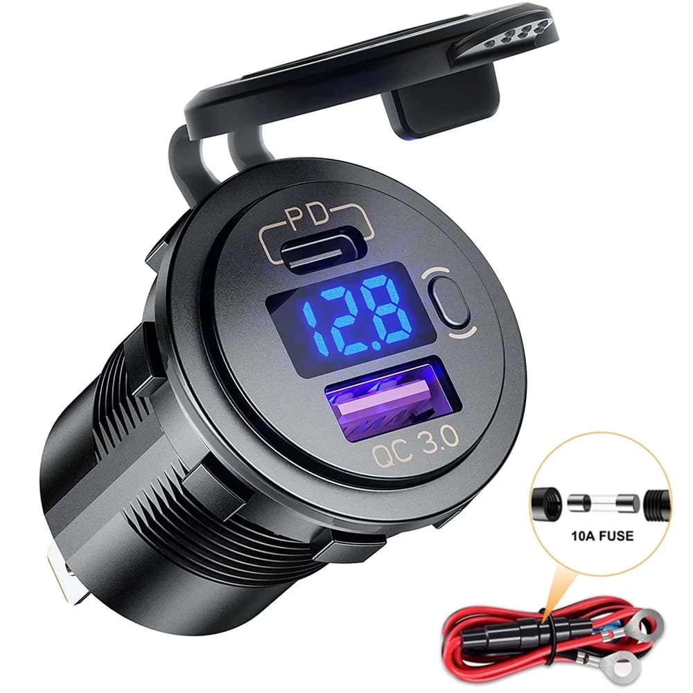 60W PD Type C/QC 3.0 USB nabíječka s tlačítkem, LED voltmetrem, zásuvka, rychlé nabíjení pro 12V 24V auto, nákladní automobil, motocykl, obytný vůz