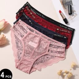 4PCS/Set Sexy Semi-sheer Floral Lace Panties - Hollow Out Waistband with "LOVE SECRET" Print Low-Ris