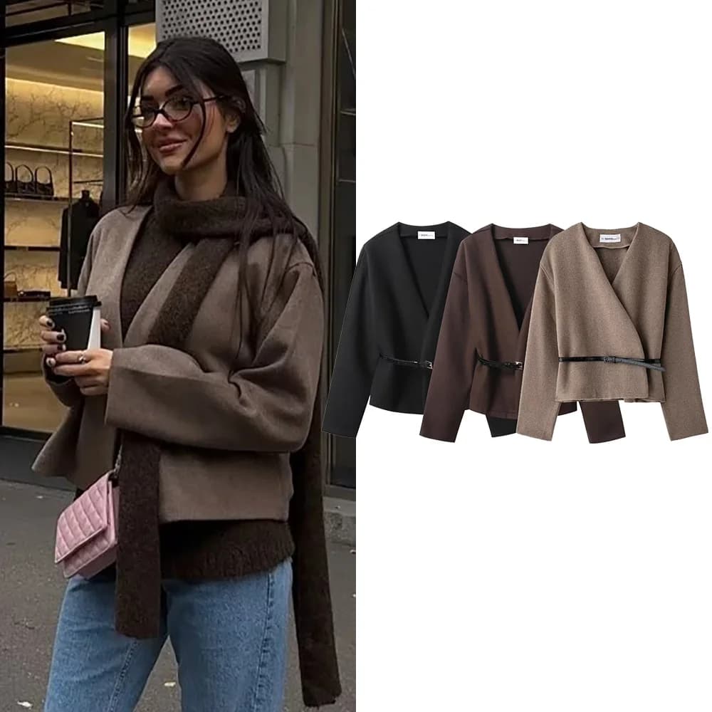 Dámská měkká bunda EDSA s páskem, zavinovací, s výstřihem do V a dlouhým rukávem, nová elegantní dámská svrchní prádlo pro ženy