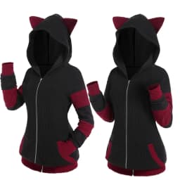 ROSEGAL Cute Fall,Winter Women Colorblock Jacket Cat Ear Ribbed Hooded Warm Long Sleeve Zipper Coat 