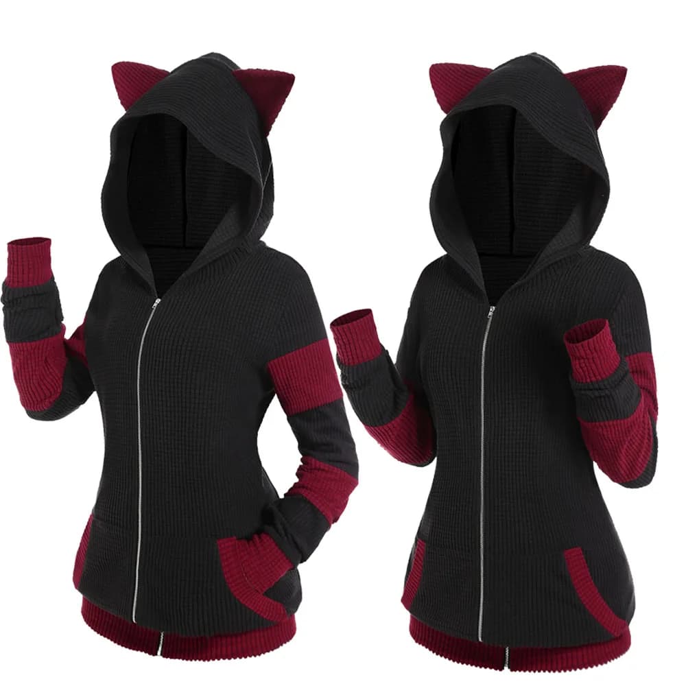 ROSEGAL Roztomilá podzimní/zimní dámská barevná bunda s kočičími ušima, žebrovaná kapuce, teplý dlouhý rukáv, zip, 4XL, svrchní oblečení, nový přírůstek