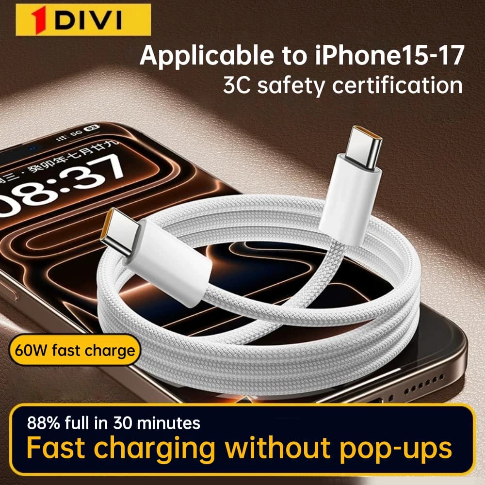 Kabel DIVI USB-C PD60W pro rychlé nabíjení pro iPhone 17 16 15 Samsung S25 S24 iPad MacBook Air Xiaomi rychlonabíjecí datový kabel