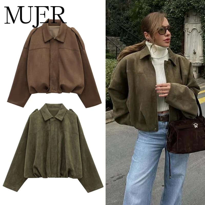 MUJER 2025 Semišové bomber bundy pro ženy, svrchní oblečení, nadměrné bundy, dámské streetwear zip, dámské kabáty, prošívané univerzitní bundy