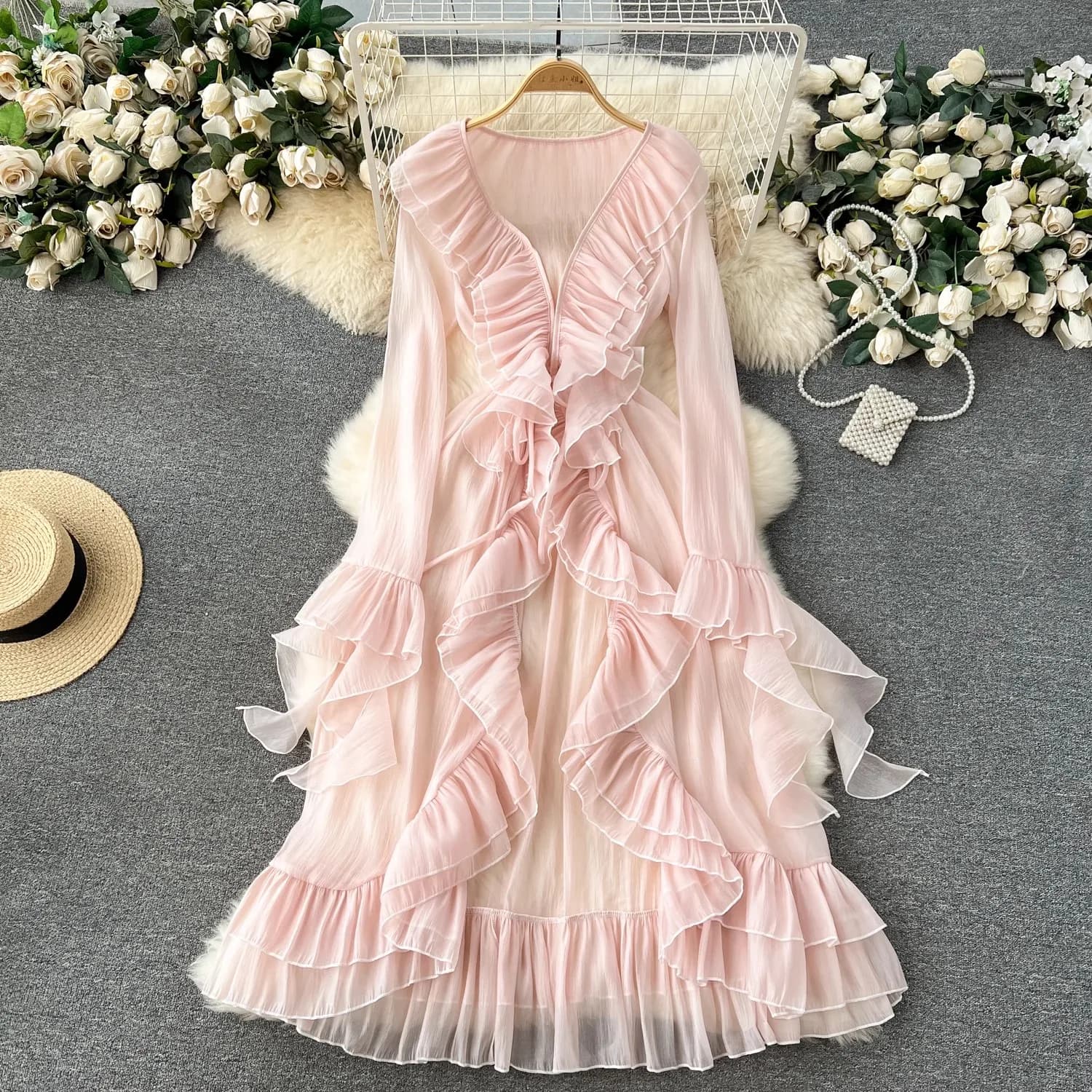 Sladká módní volánky růžová dlouhá bunda pro ženy jaro/léto s dlouhým rukávem elegantní kabát plážový styl svrchní oblečení top Chaquetas Mujer