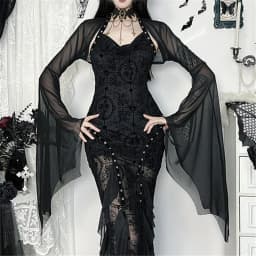 Goth Dark Mall Gothic Mesh See Through Crop Shrung Tops Dámské elegantní kabát Techwear Y2K Grunge Netopýří rukávy Opalovací krém Halenka - náhled 4