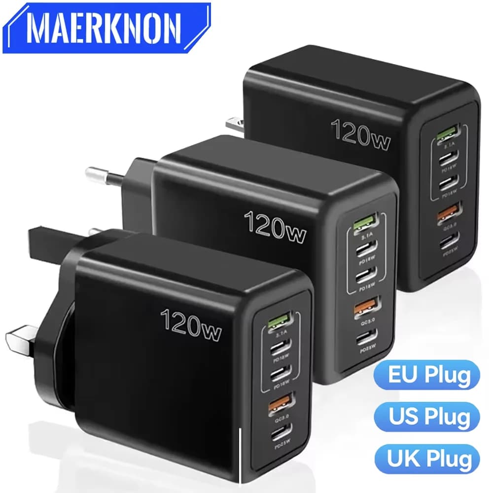 120W rychlonabíječka USB-C s více porty PD Quick Charge 3.0, nástěnný adaptér pro iPhone, Samsung, Huawei, Xiaomi