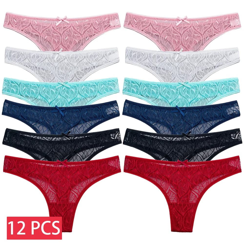 12 ks/sada sexy krajkových tang, dámské průhledné kalhotky G-string, krajkové spodní prádlo s T-back, módní dámské kalhotky M-XL 87416