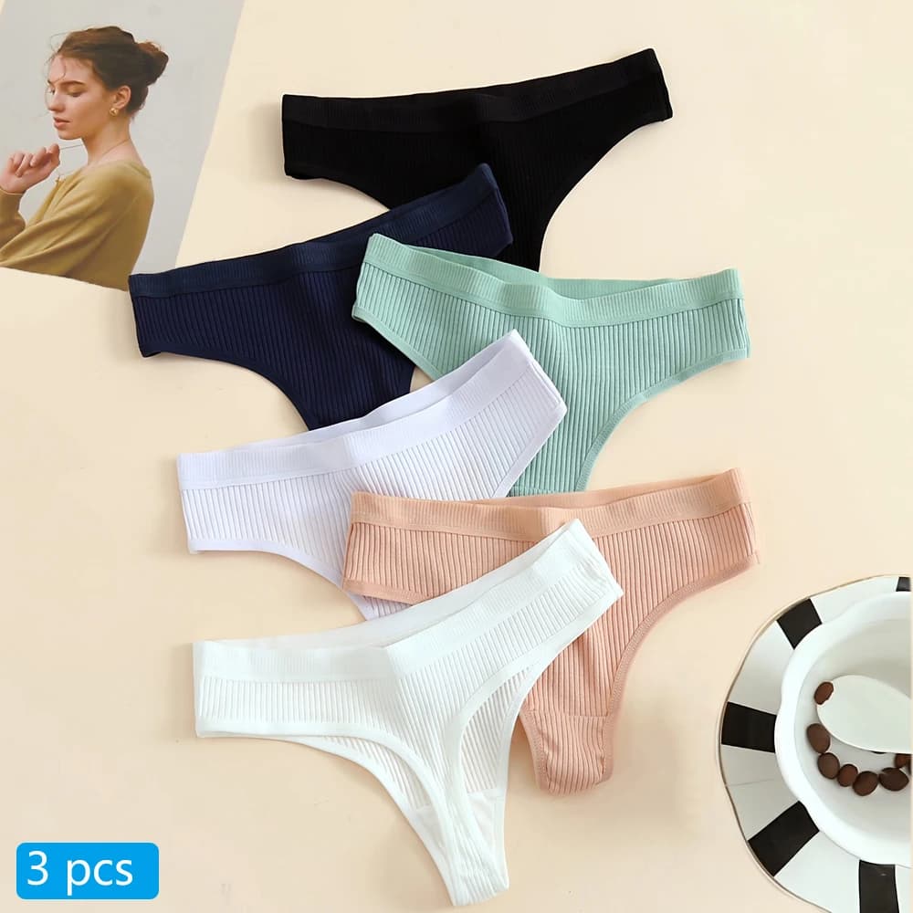 3dílné bezešvé dámské žebrované bavlněné tanga, jednoduché dámské bikiny s nízkým pasem, sportovní spodní prádlo pro dívky, velikost M-XXL