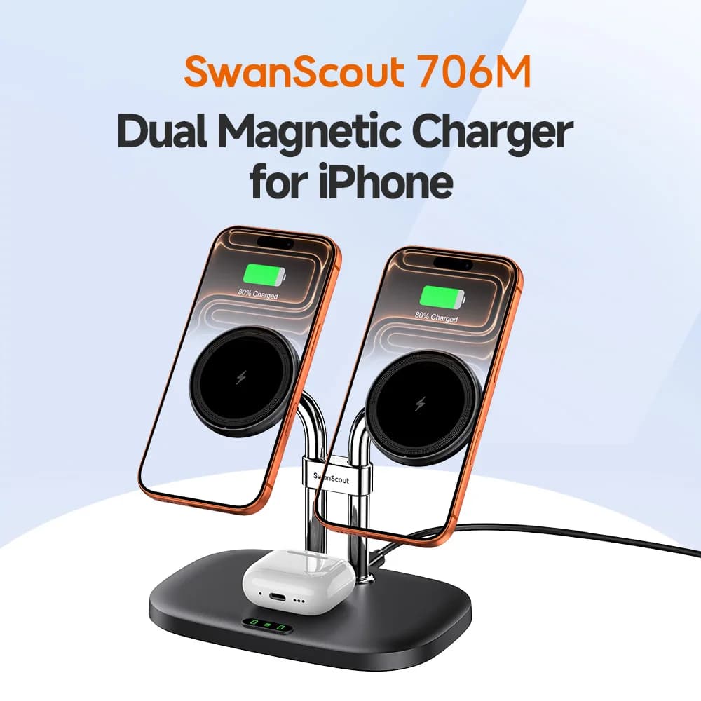 SwanScout 706M 3 v 1 duální magnetická nabíjecí stanice pro iPhone 17 Pro Max 16 15 14 13 Bezdrátová nabíječka pro AirPods 4 3 Pro 3 2