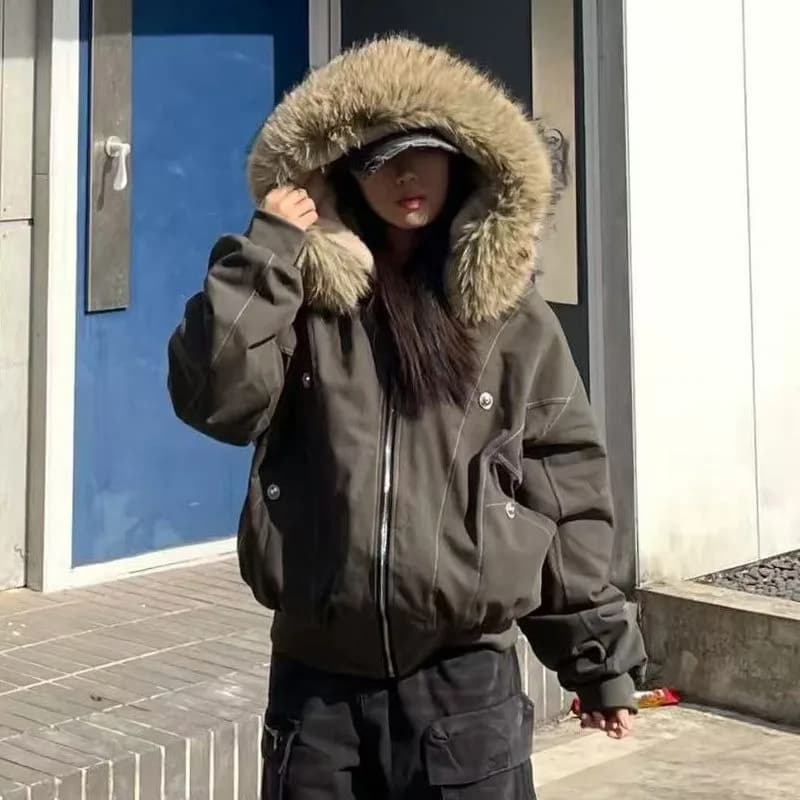 Americká pouliční kožešinová bunda s kapucí a zipem, dámská podzimní zimní retro nová sametová zahuštěná teplá módní volná ležérní bunda