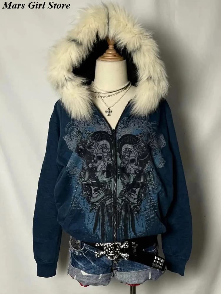 Americká retro Y2k Harajuku Spice Girls mikina s kapucí pro ženy volný dlouhý rukáv lebky kožešinový límec zip kabát vintage ležérní elegantní topy