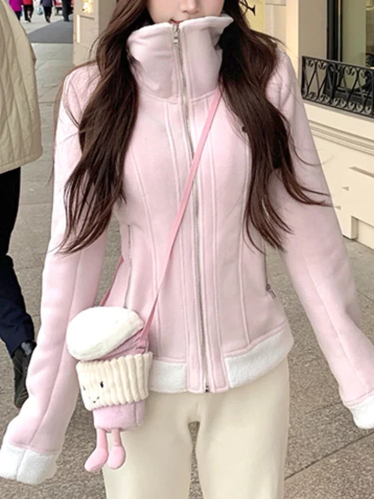 Americký styl Retro Solid Polar Fleece Sweet Warm Jacket Ladies Slim Pas Y2k High Neck Coat New Fashion Casual Winter Clothes