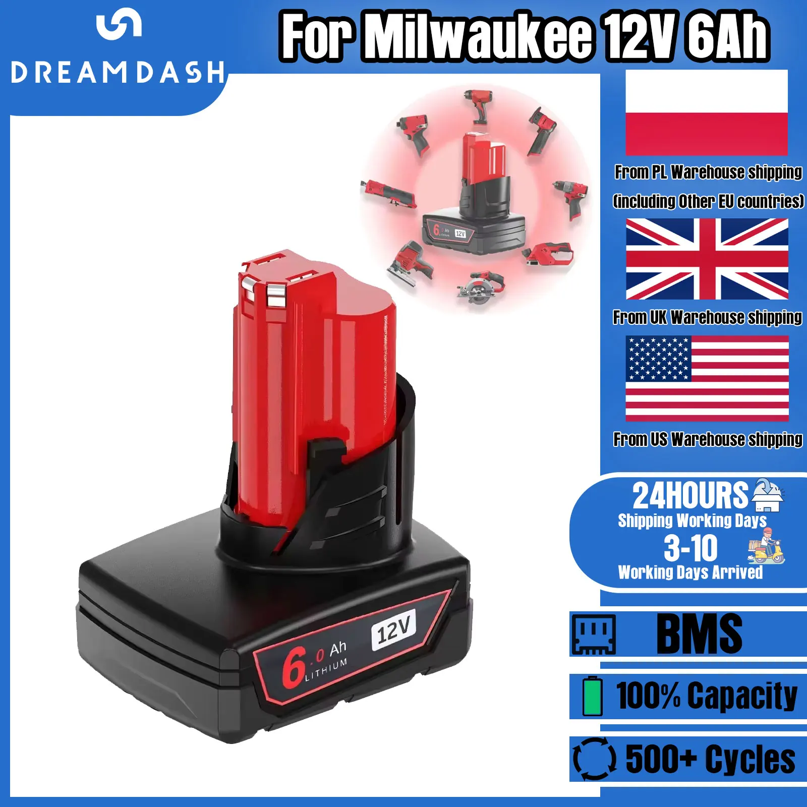 Baterie Dreamdash 12V 6,0mAh Li-ion pro elektrické nářadí Milwaukee pro MIL12V 48-11-2402 48-11-2411 48-11-2412 M12B2 M12B4