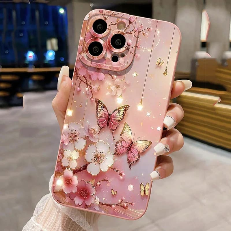 Nárazuvzdorný kryt na telefon s motýlím a květinovým vzorem pro iPhone 11 12 13 14 15 16 17 Air Pro Max 16E XR XS X 7 8 Plus SE2 matný kryt