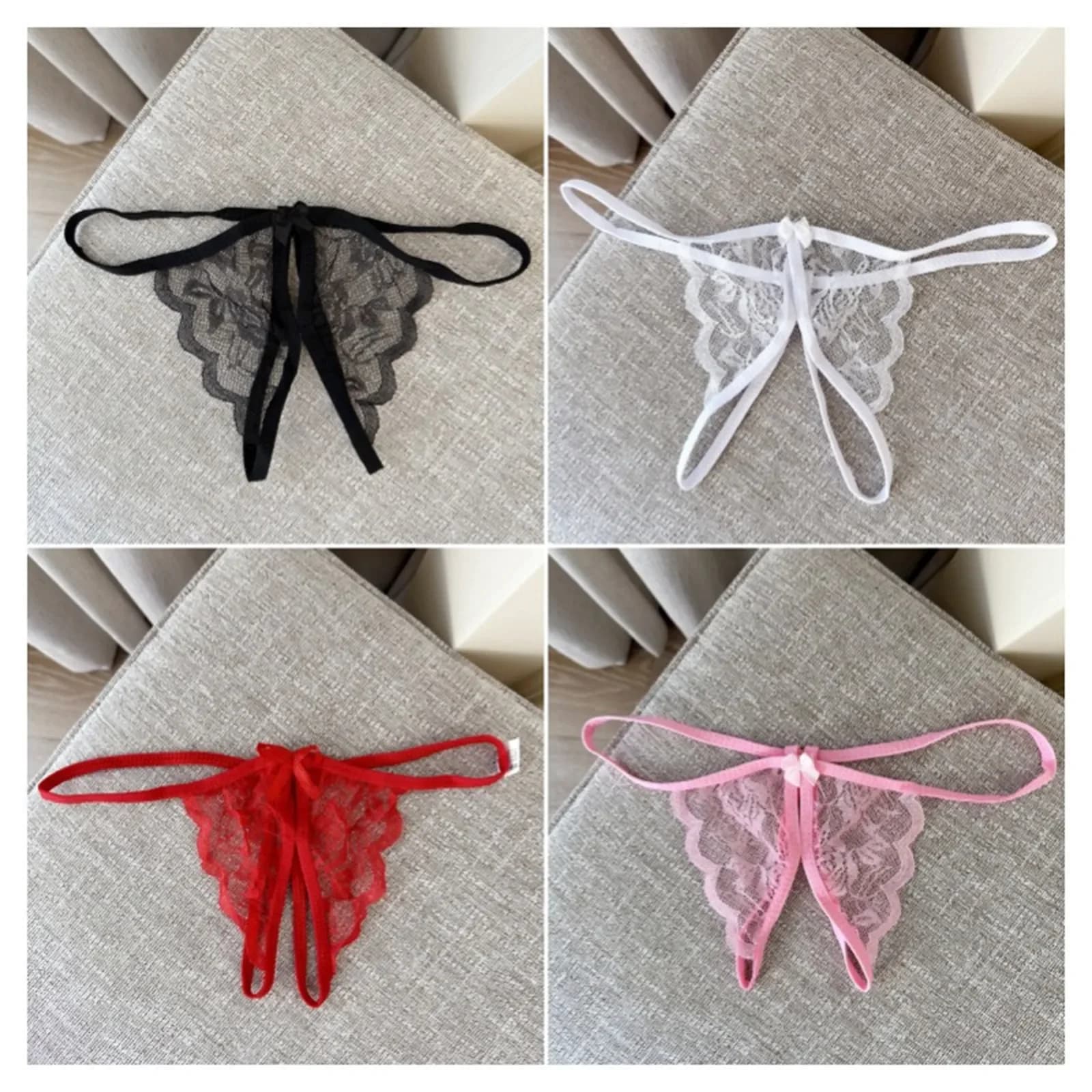 3PCS Sexy kalhotky Dámské krajkové průhledné otevřené rozkrokové mašle bezešvé tanga Valentýnské žhavé dámské kalhotky Ultra tenké spodní prádlo