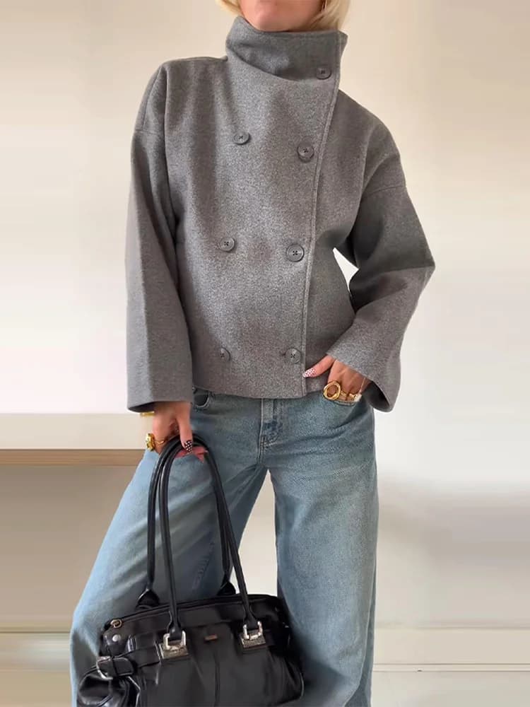 Dámské ležérní volné sako s dlouhým rukávem, jednobarevné, s kapsami a rolákem, podzimní bundy 2025, kancelářské bundy