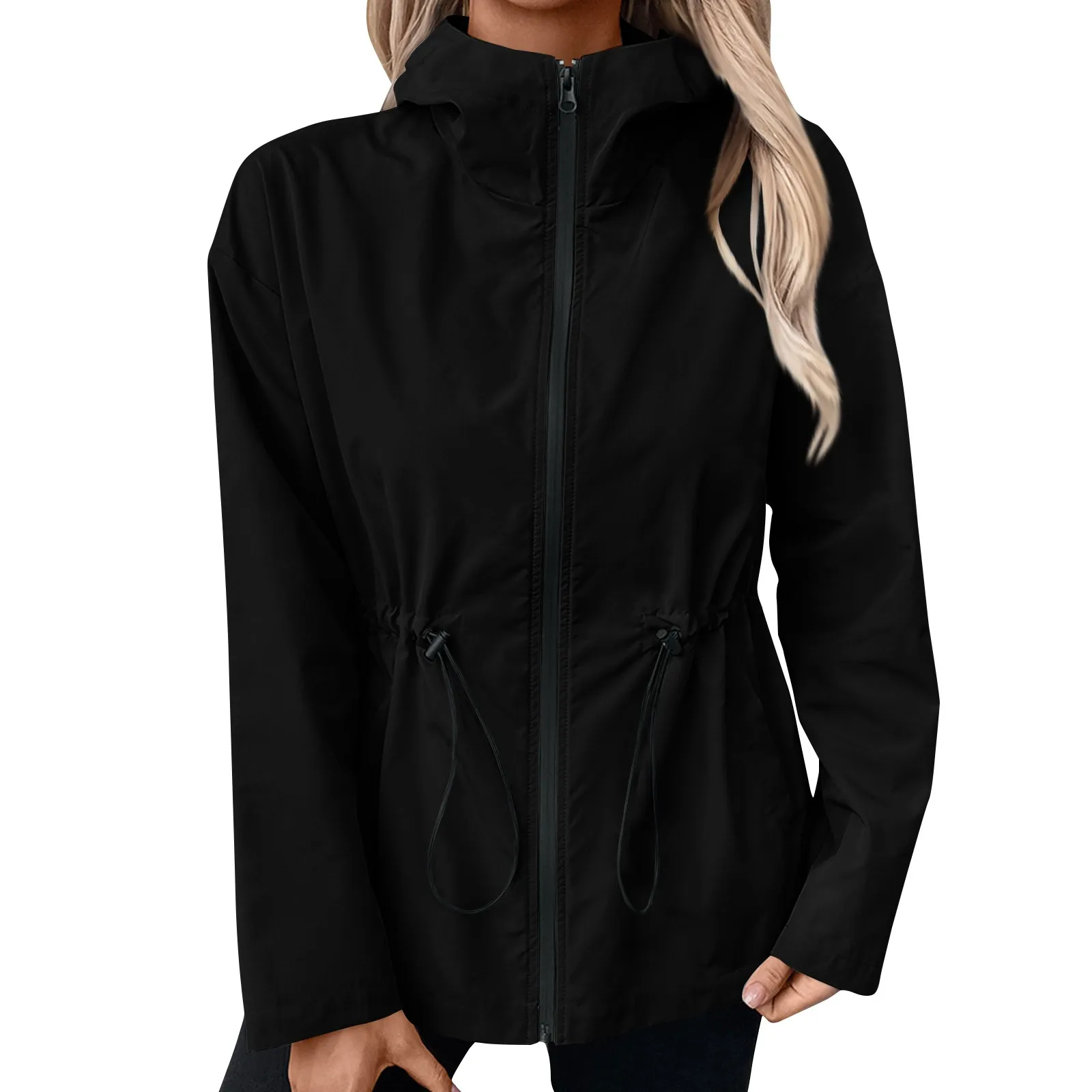 Dámská úzká pláštěnka s kapucí, outdoorová sportovní turistická kombinéza, větruodolná bunda v pase, větrovka s kapucí, bundy na zip
